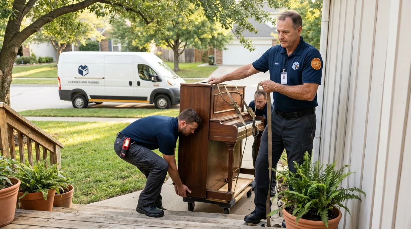 Licensed piano movers securing grand piano in Eagle Pass, TX
